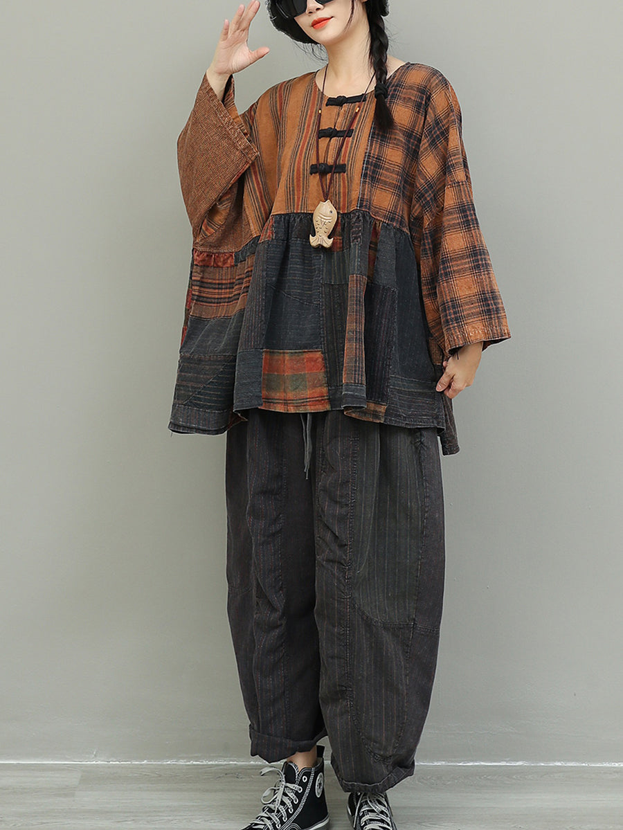 Women Autumn Retro Patchwork O-Neck Loose Cotton Suits