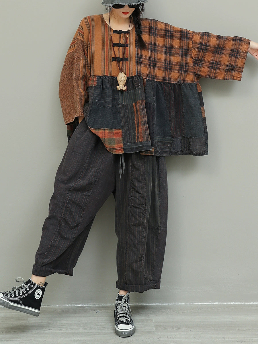 Women Autumn Retro Patchwork O-Neck Loose Cotton Suits
