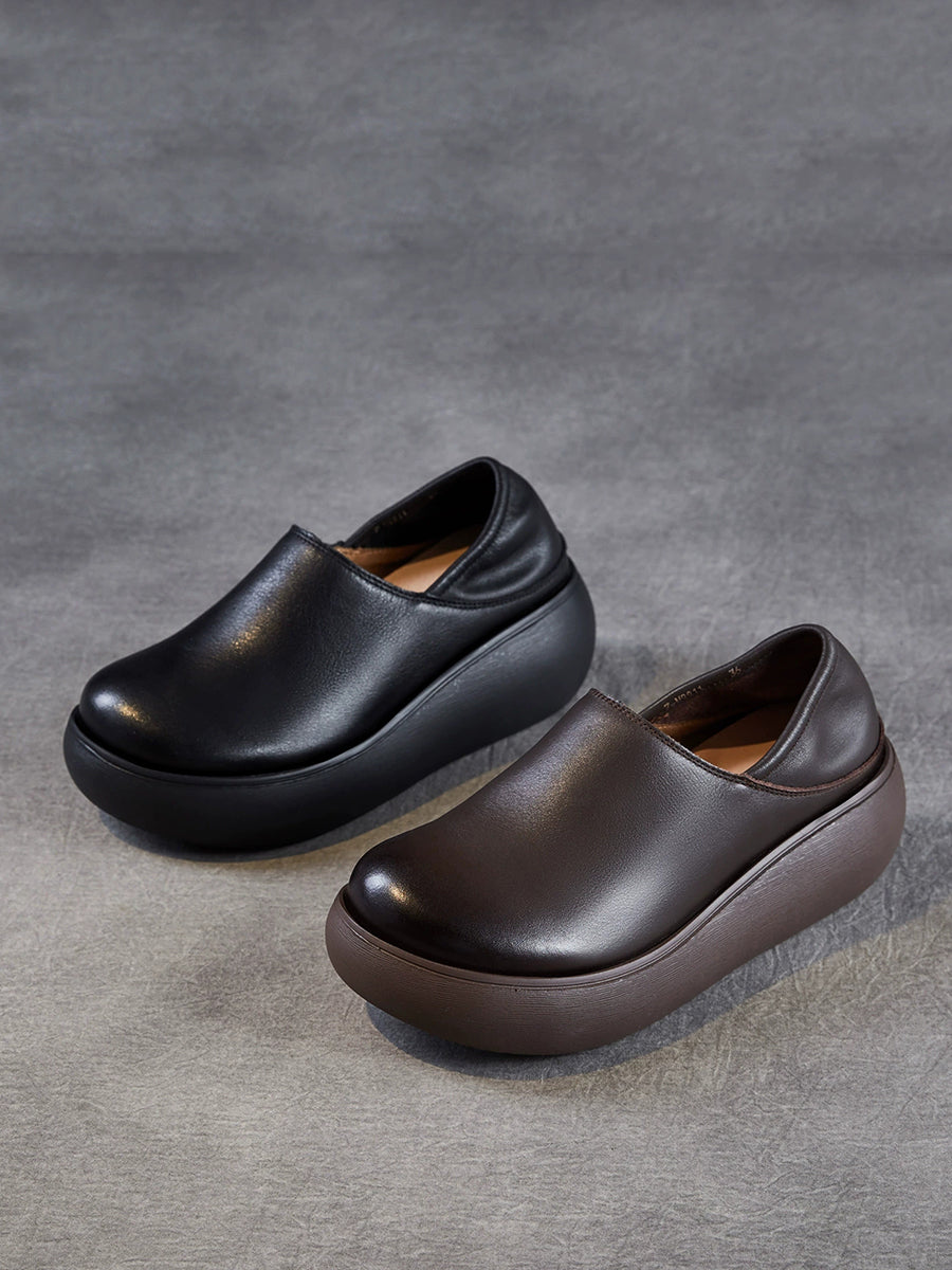 Women Genuine Leather Pure Color Platfrom Shoes