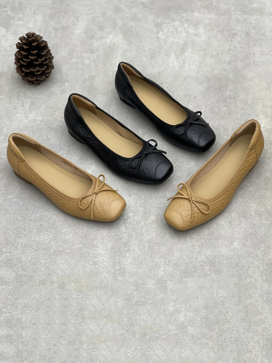 Women Elegant Leather Bowknot Square-Toe Low Heel Shoes