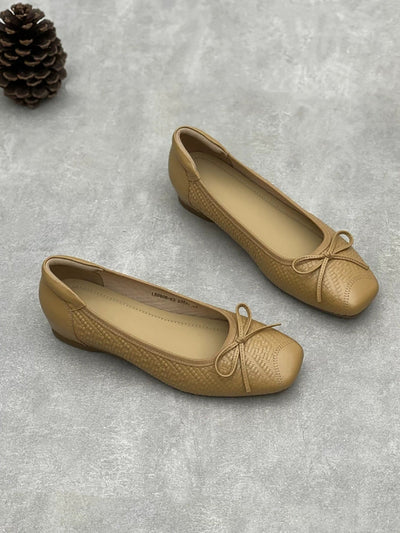 Women Elegant Leather Bowknot Square-Toe Low Heel Shoes