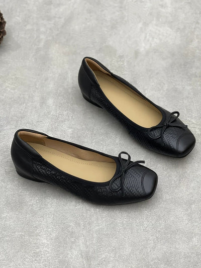 Women Elegant Leather Bowknot Square-Toe Low Heel Shoes