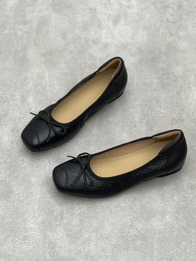 Women Elegant Leather Bowknot Square-Toe Low Heel Shoes