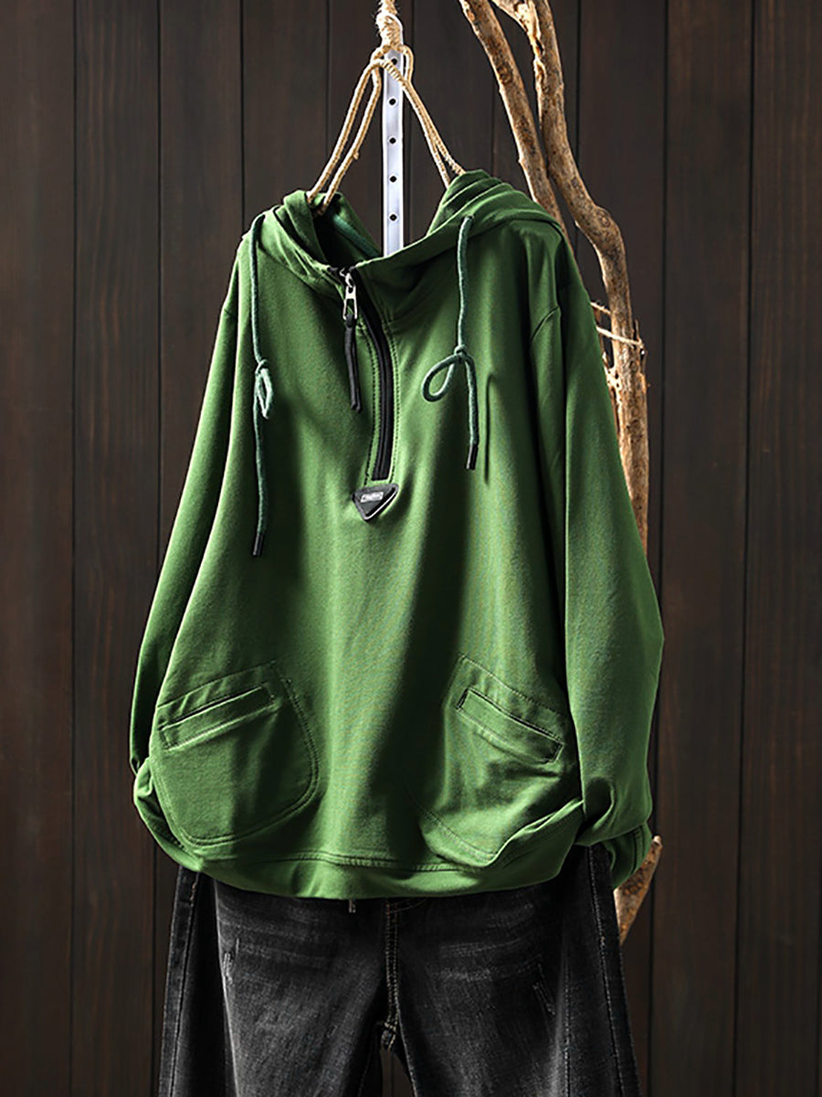 Plus Size Women Casual Autumn Pure Color Cotton Hoodie