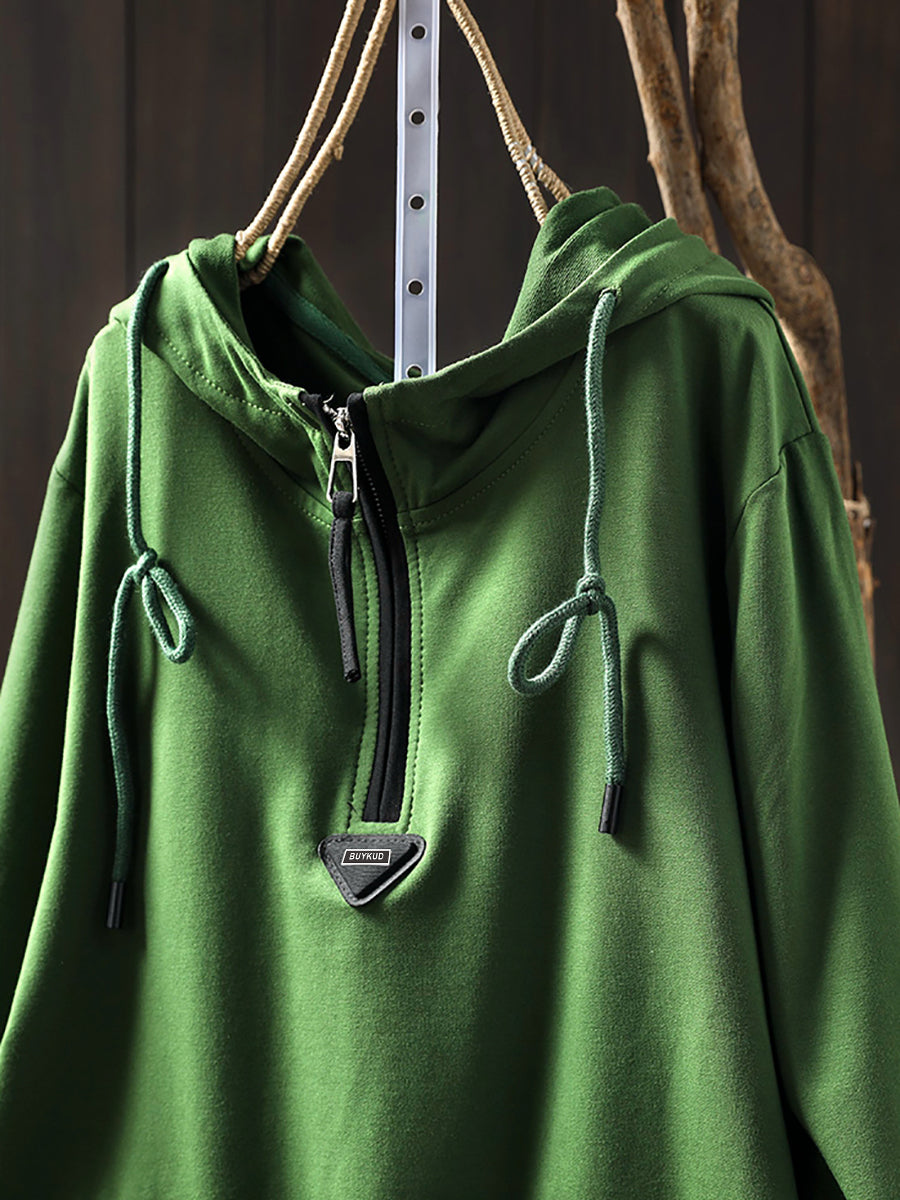 Plus Size Women Casual Autumn Pure Color Cotton Hoodie