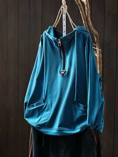 Plus Size Women Casual Autumn Pure Color Cotton Hoodie