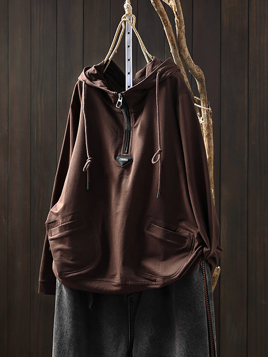 Plus Size Women Casual Autumn Pure Color Cotton Hoodie