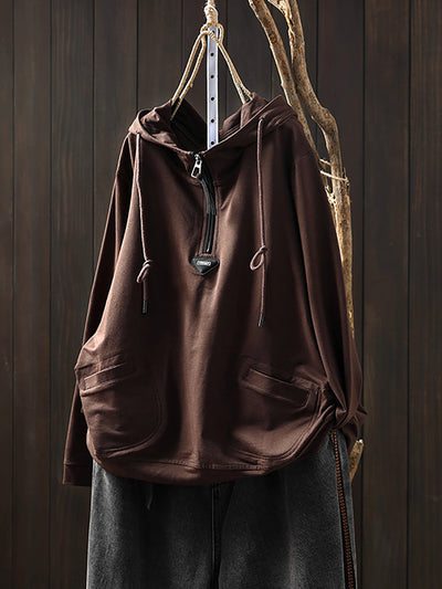 Plus Size Women Casual Autumn Pure Color Cotton Hoodie