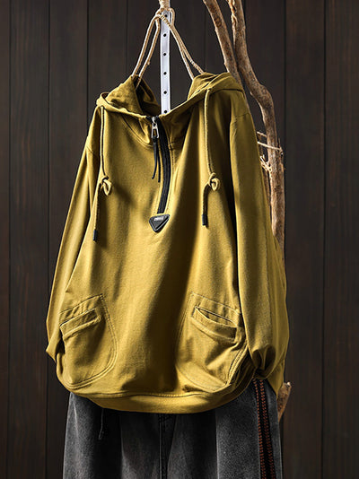 Plus Size Women Casual Autumn Pure Color Cotton Hoodie