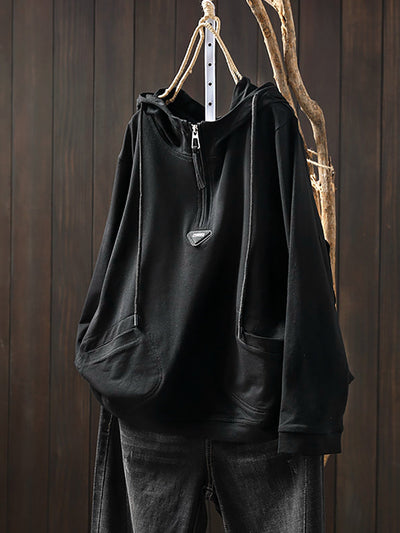 Plus Size Women Casual Autumn Pure Color Cotton Hoodie