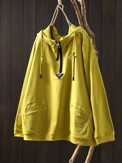 Plus Size Women Casual Autumn Pure Color Cotton Hoodie