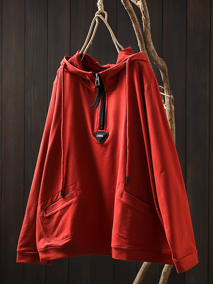Plus Size Women Casual Autumn Pure Color Cotton Hoodie
