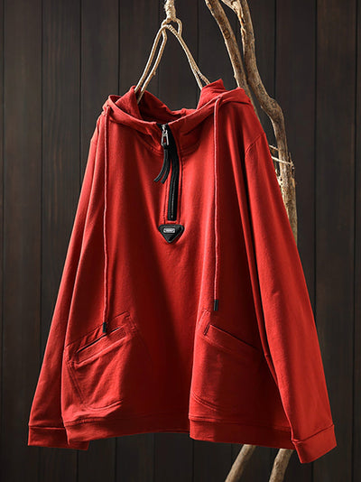 Plus Size Women Casual Autumn Pure Color Cotton Hoodie