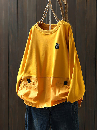 Women Autumn Casual Pure Color Spliced 100%Cotton Sweatshirt