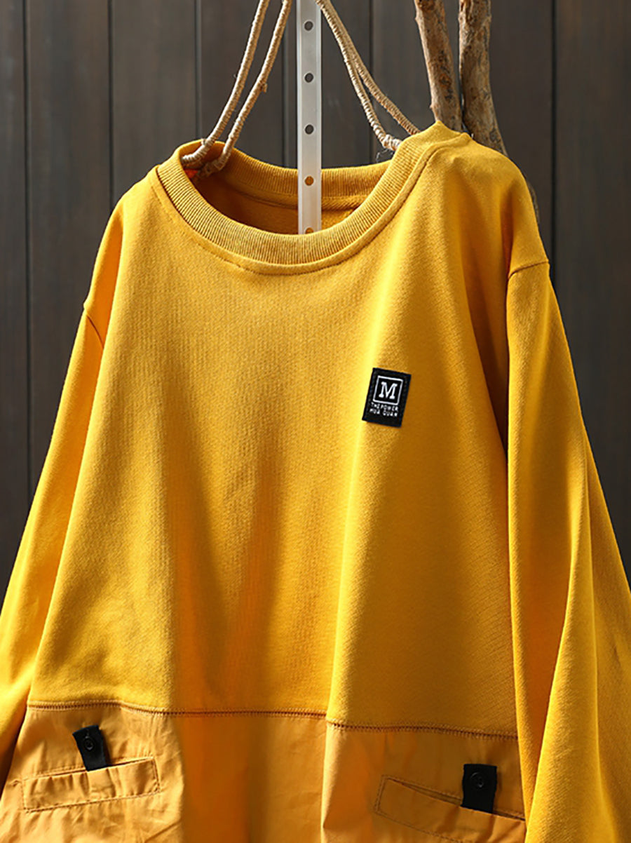 Women Autumn Casual Pure Color Spliced 100%Cotton Sweatshirt