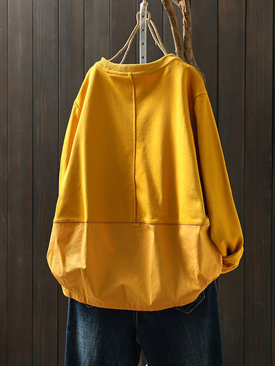 Women Autumn Casual Pure Color Spliced 100%Cotton Sweatshirt