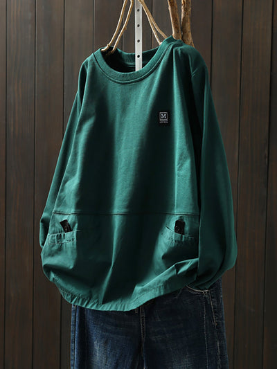 Women Autumn Casual Pure Color Spliced 100%Cotton Sweatshirt