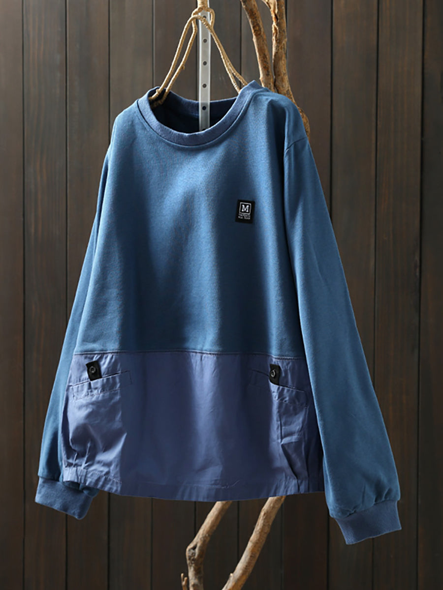 Women Autumn Casual Pure Color Spliced 100%Cotton Sweatshirt