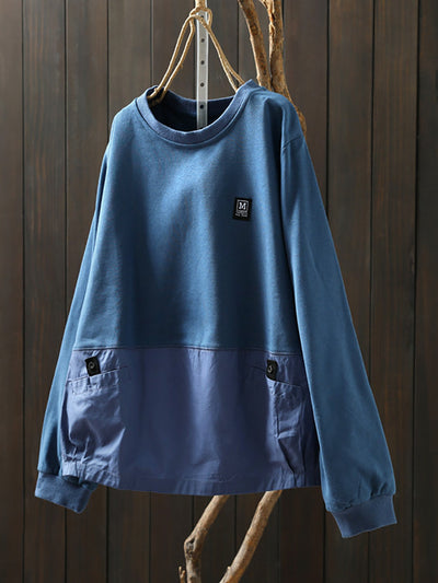 Women Autumn Casual Pure Color Spliced 100%Cotton Sweatshirt