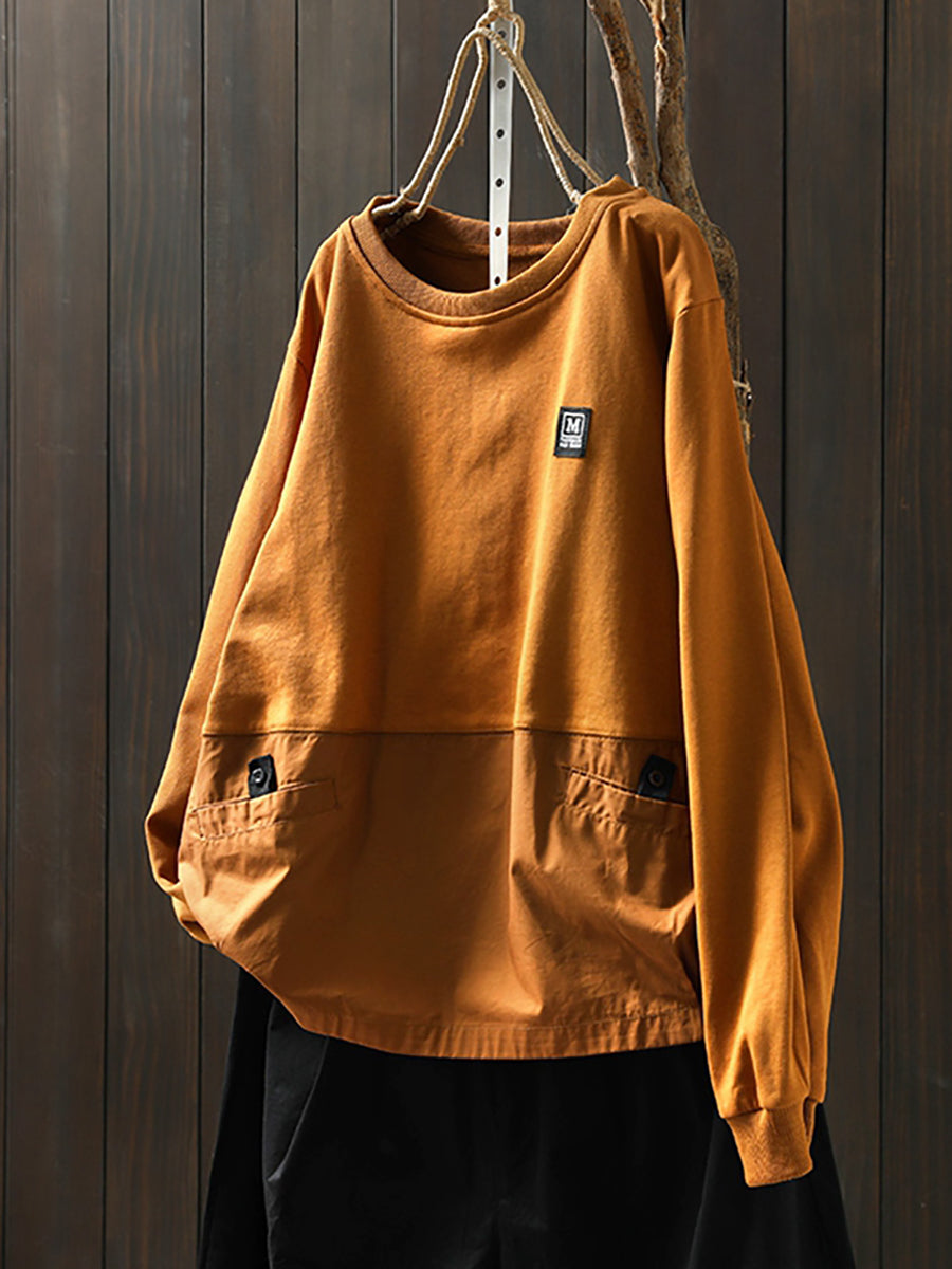 Women Autumn Casual Pure Color Spliced 100%Cotton Sweatshirt