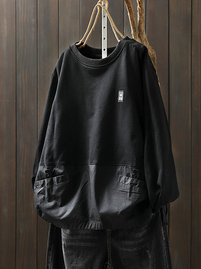 Women Autumn Casual Pure Color Spliced 100%Cotton Sweatshirt