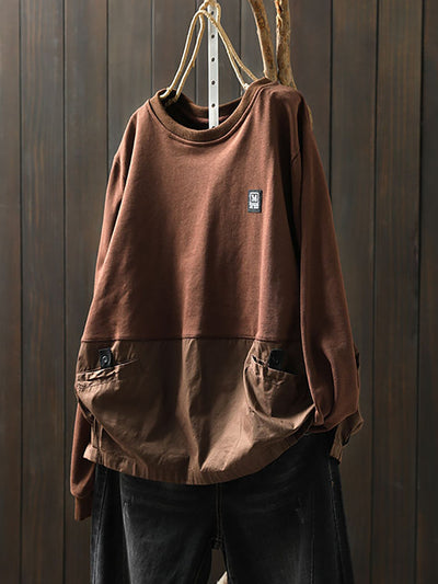 Women Autumn Casual Pure Color Spliced 100%Cotton Sweatshirt