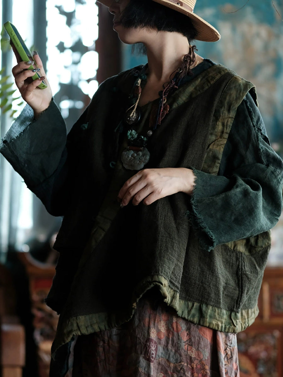 Women Autumn Retro Tie-dye Spliced V-Neck Cotton Vest