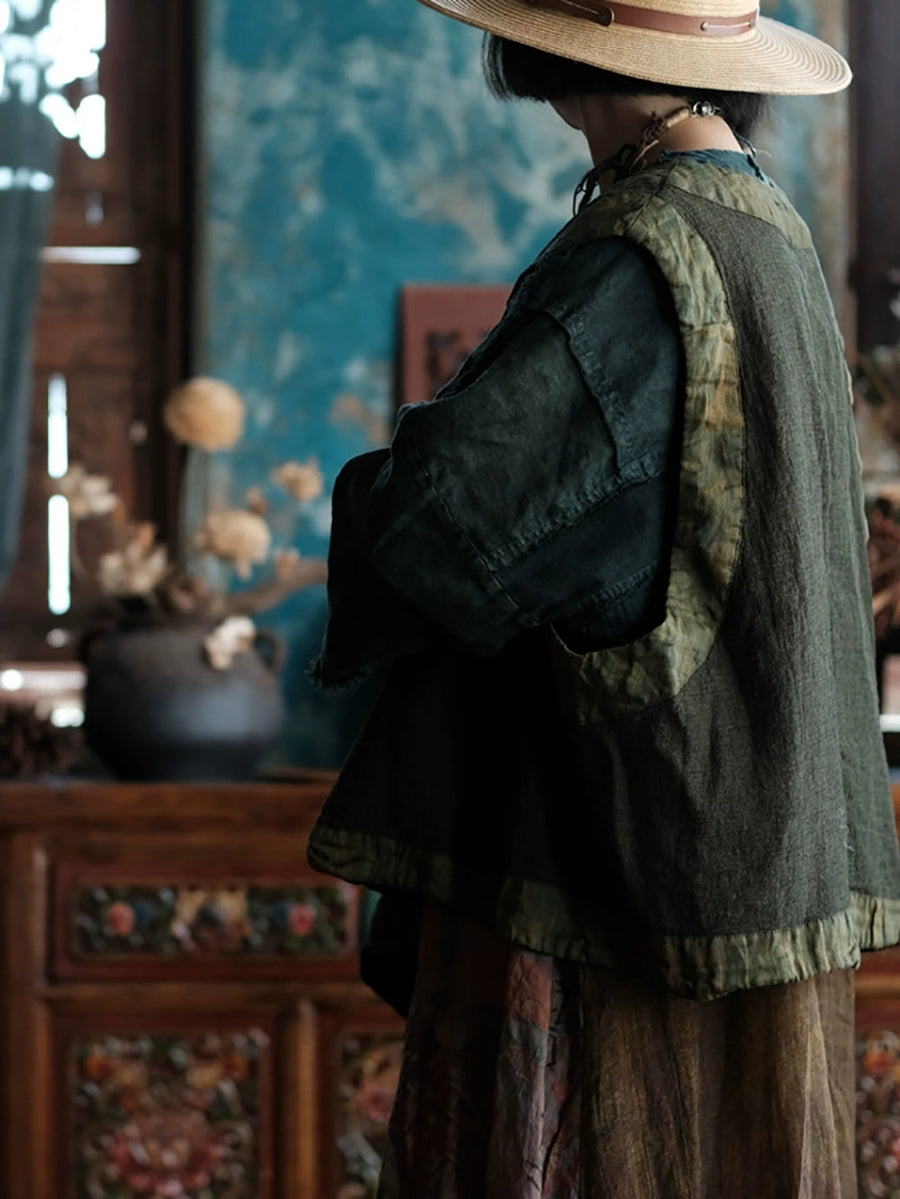 Women Autumn Retro Tie-dye Spliced V-Neck Cotton Vest