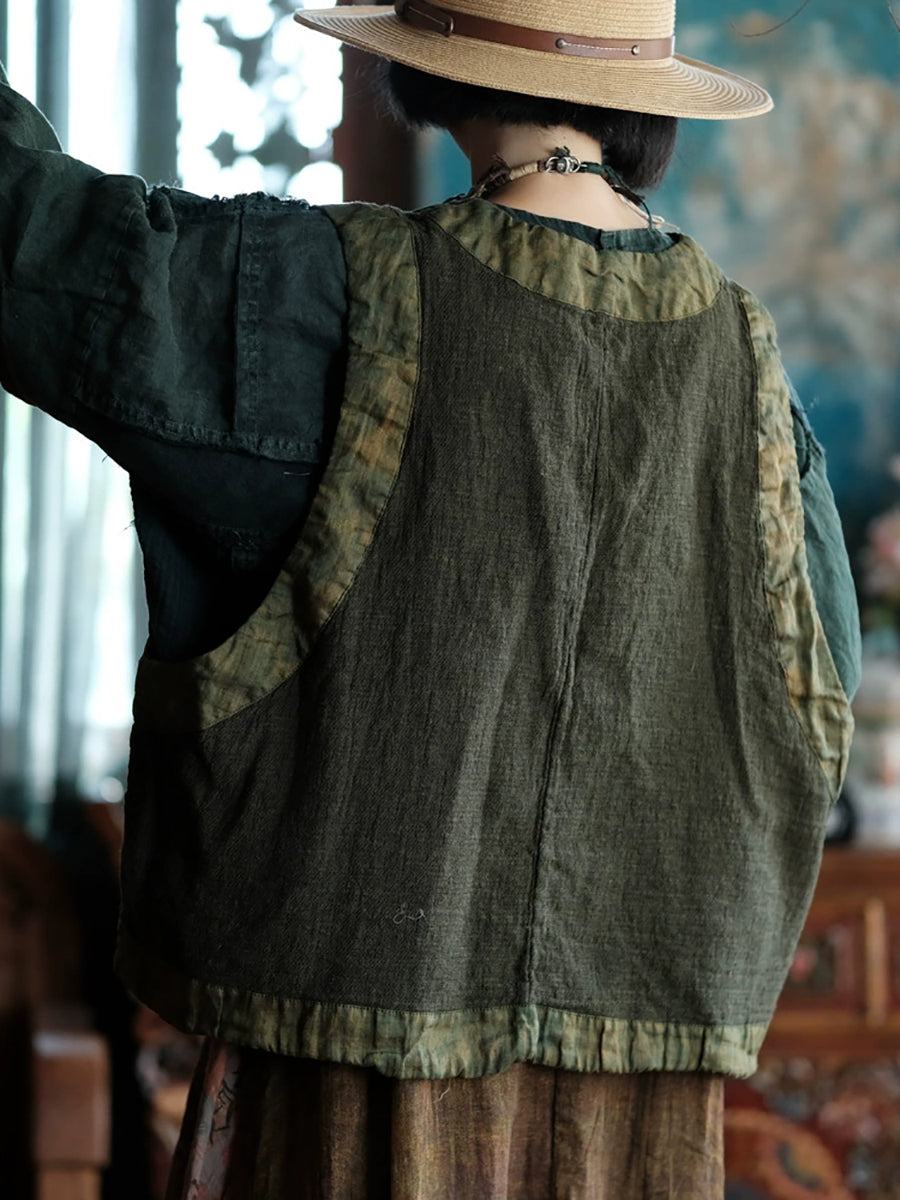 Women Autumn Retro Tie-dye Spliced V-Neck Cotton Vest