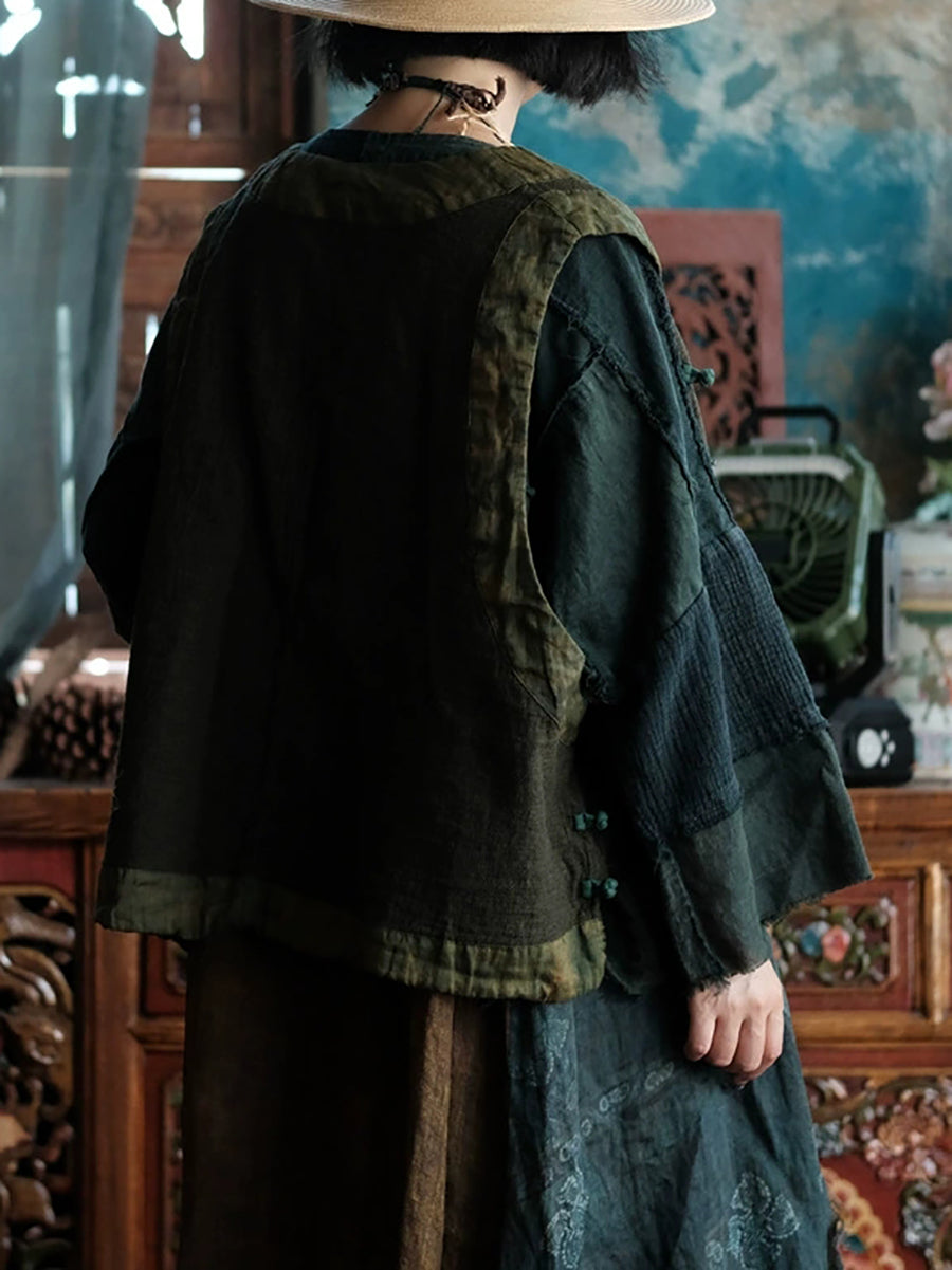 Women Autumn Retro Tie-dye Spliced V-Neck Cotton Vest