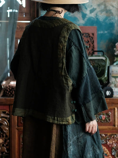 Women Autumn Retro Tie-dye Spliced V-Neck Cotton Vest