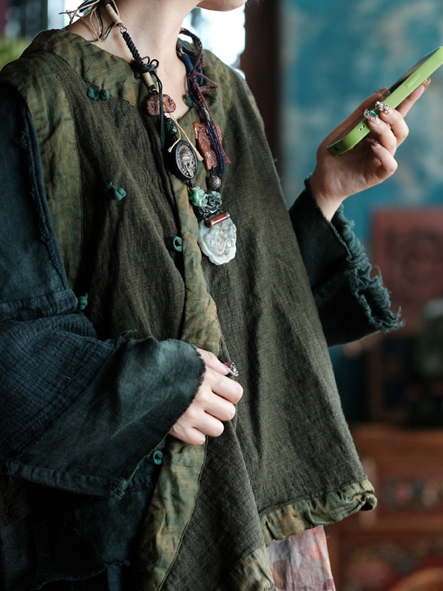 Women Autumn Retro Tie-dye Spliced V-Neck Cotton Vest