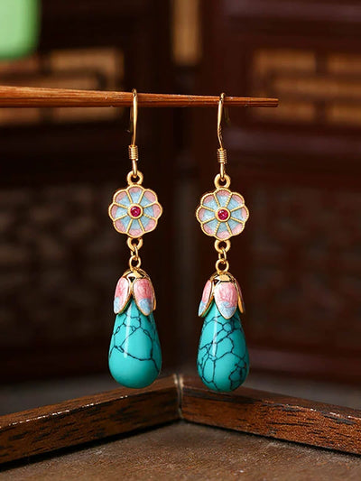Women Ethnic Gold Enamel Drop Glaze Turquoise Earrings