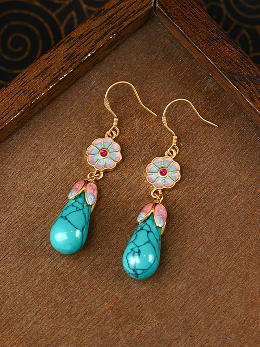 Women Ethnic Gold Enamel Drop Glaze Turquoise Earrings