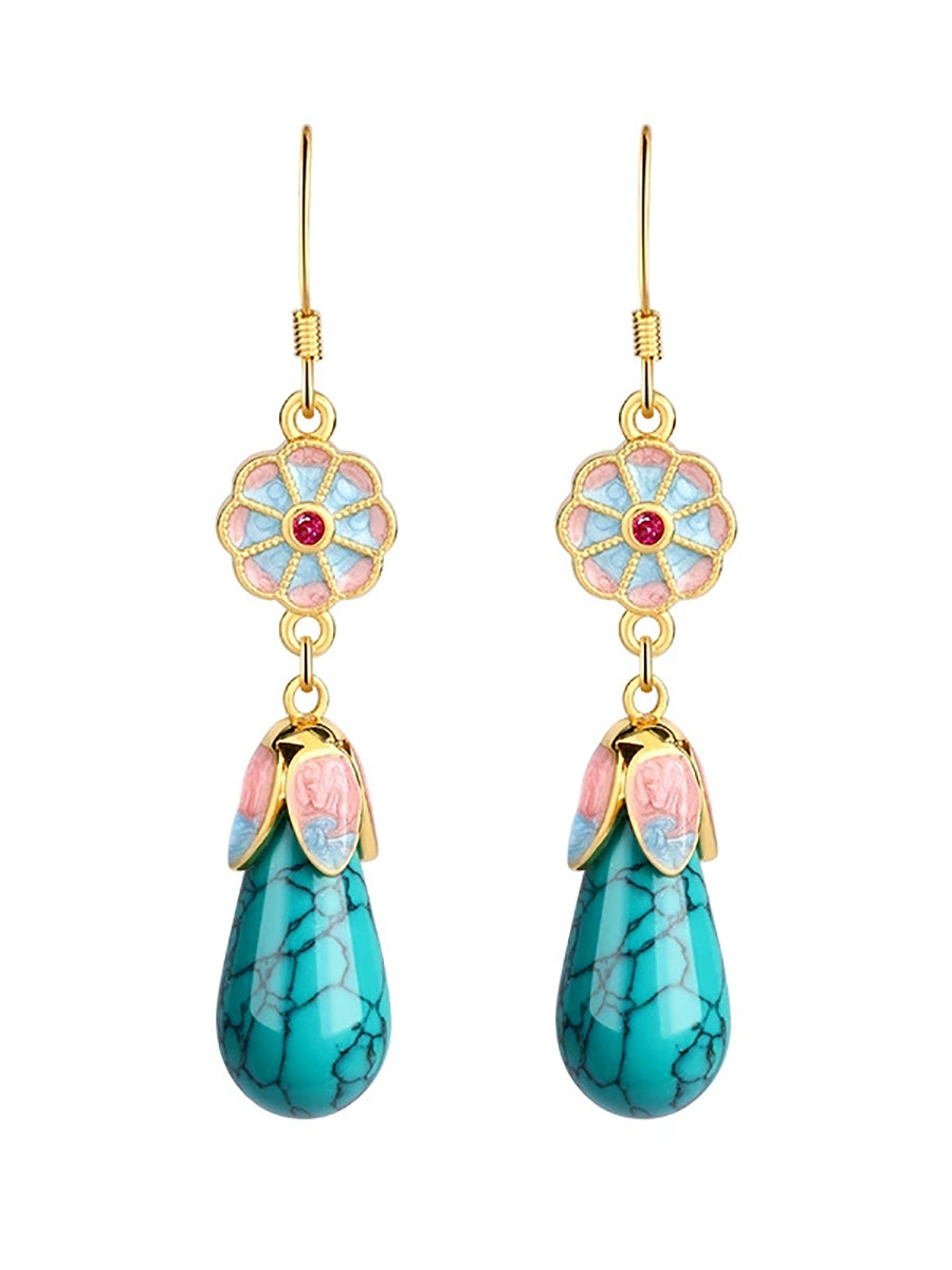 Women Ethnic Gold Enamel Drop Glaze Turquoise Earrings