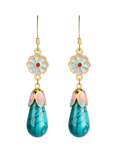Women Ethnic Gold Enamel Drop Glaze Turquoise Earrings