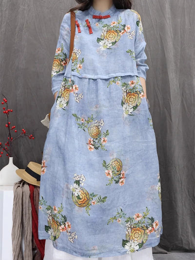 Women Autumn Ethnic Flower Stand Collar 100%Ramie Dress