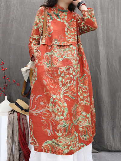 Women Autumn Ethnic Flower Stand Collar 100%Ramie Dress