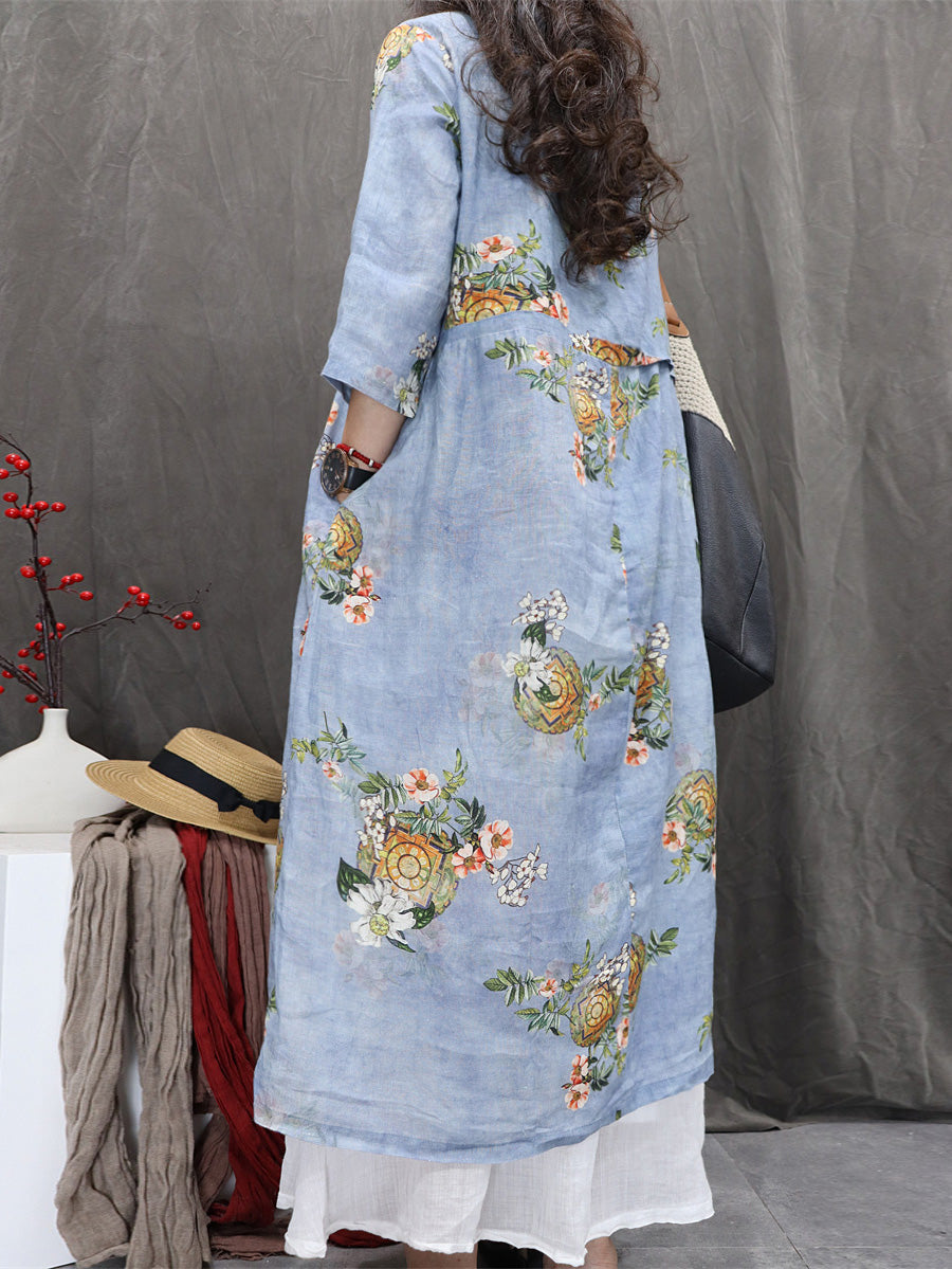 Women Autumn Ethnic Flower Stand Collar 100%Ramie Dress