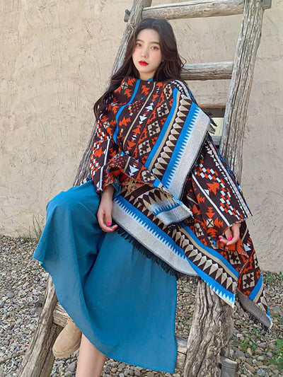 Women Retro Geometric Jacquard Warm Shawl Scarf