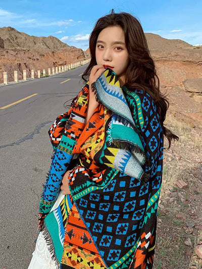 Women Retro Geometric Jacquard Warm Shawl Scarf