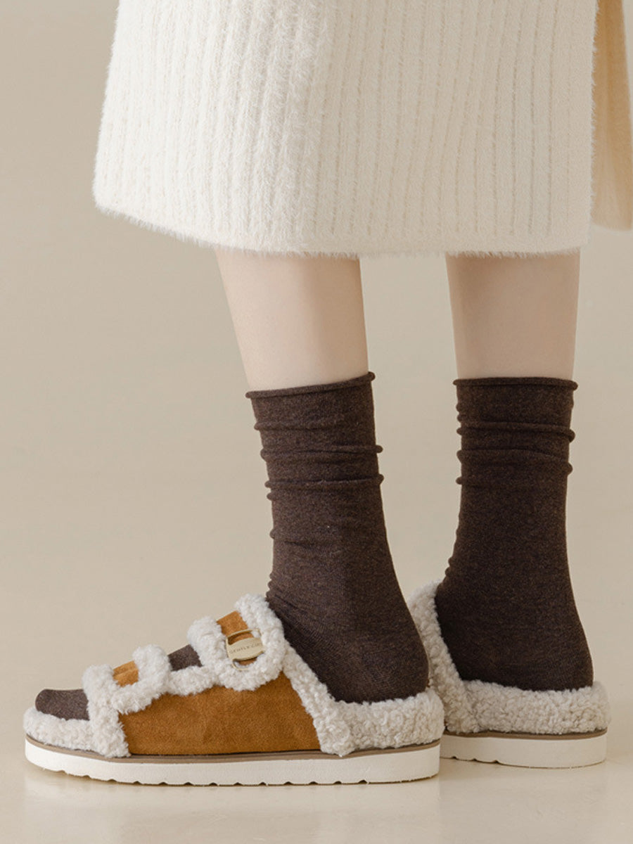 5 Pairs Women Autumn Pure Color Mid Heel Socks