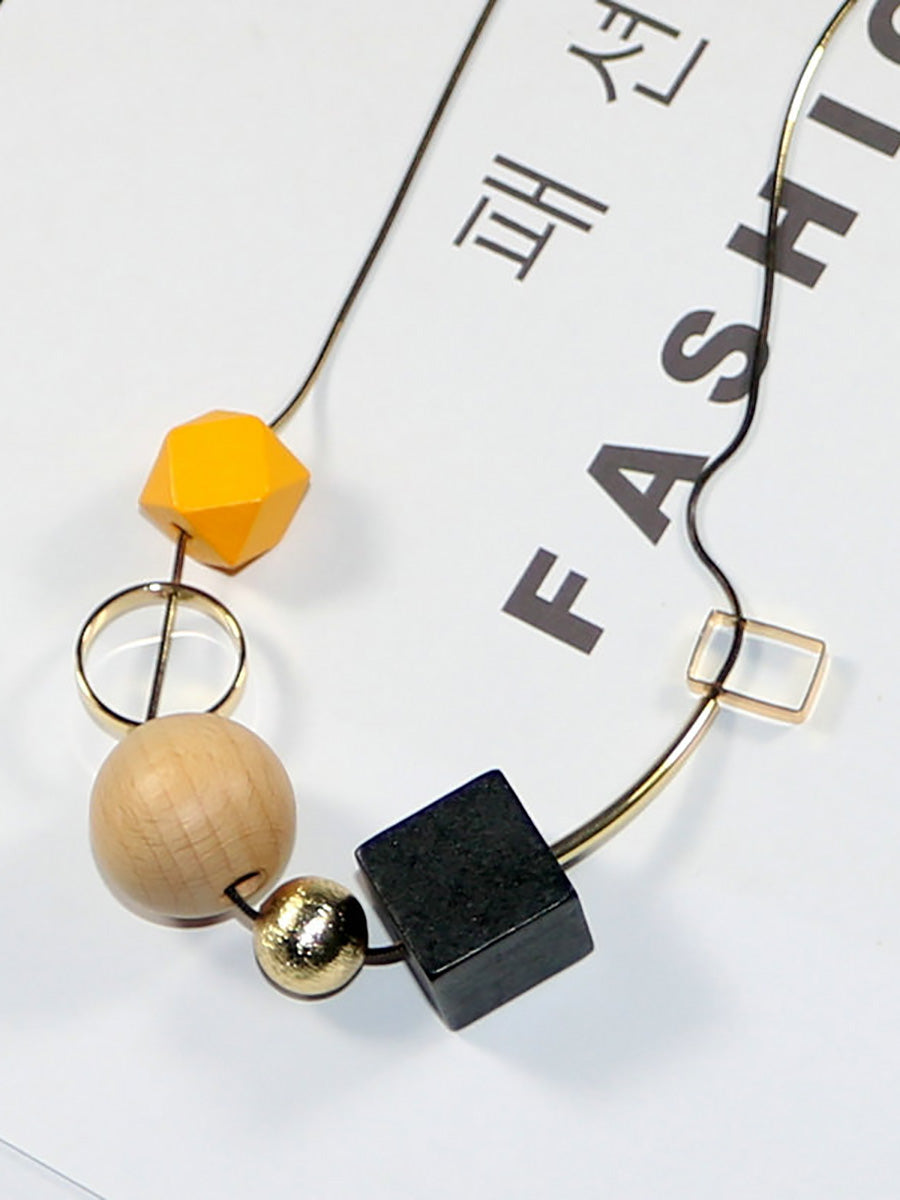 Women Vintage Geometric Wood Bead Alloy Necklace