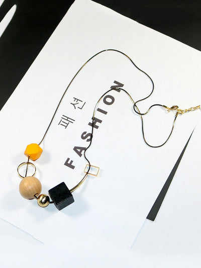Women Vintage Geometric Wood Bead Alloy Necklace