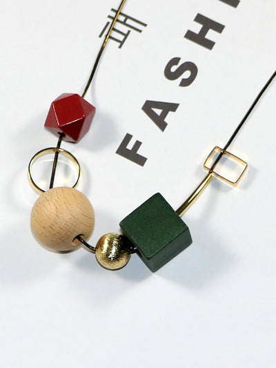 Women Vintage Geometric Wood Bead Alloy Necklace
