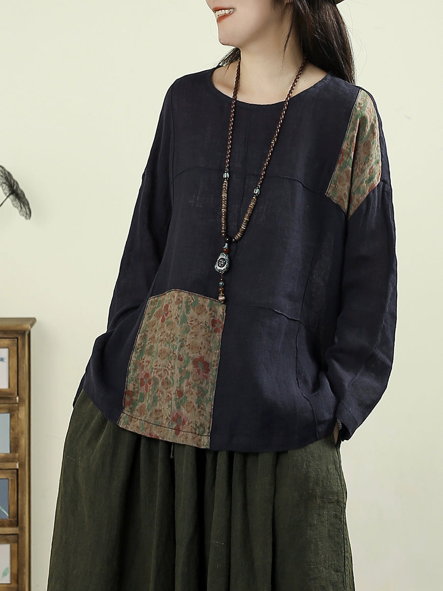 Women Autumn Retro Flower Patch 100%Linen O-Neck Shirt