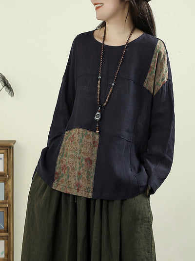 Women Autumn Retro Flower Patch 100%Linen O-Neck Shirt