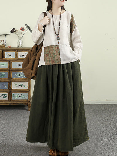 Women Autumn Retro Flower Patch 100%Linen O-Neck Shirt