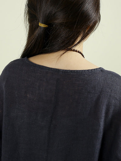 Women Autumn Retro Flower Patch 100%Linen O-Neck Shirt