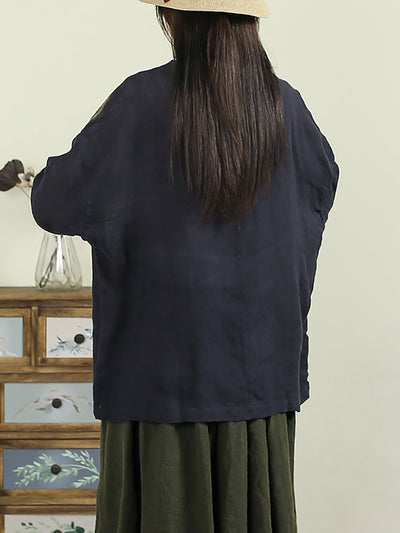 Women Autumn Retro Flower Patch 100%Linen O-Neck Shirt